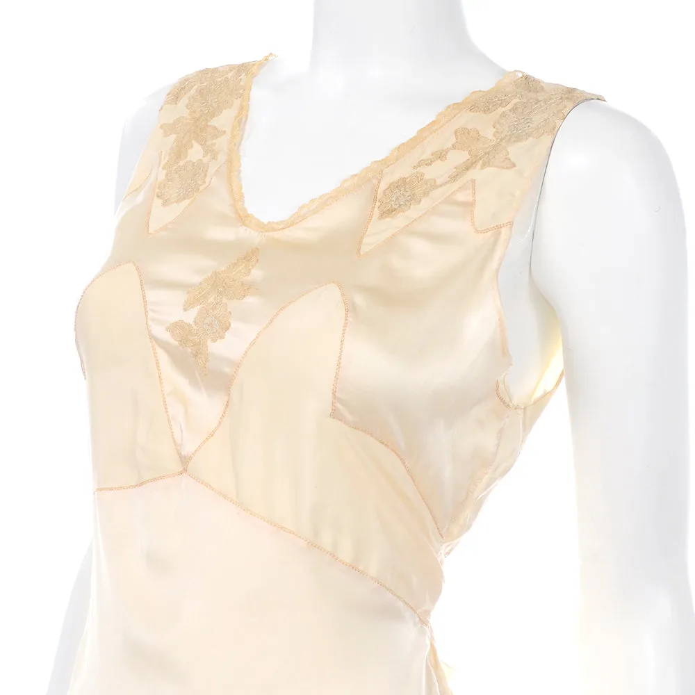 1930s Golden Silk Lace Vintage Embroidered Nightgown