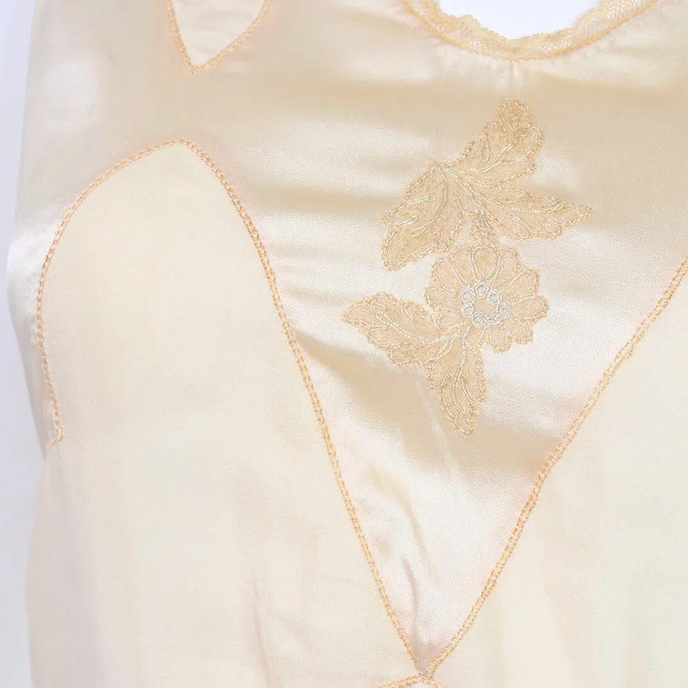 1930s Golden Silk Lace Vintage Embroidered Nightgown