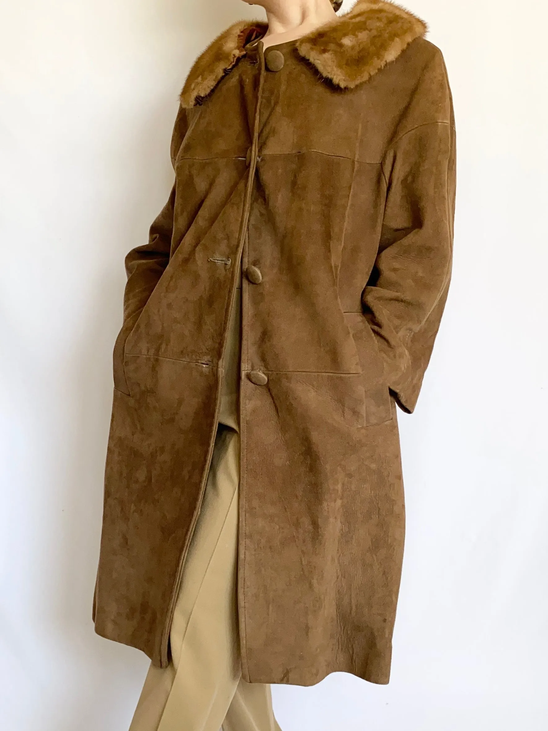 1960s Brown Mink Collar Trench Coat (M)