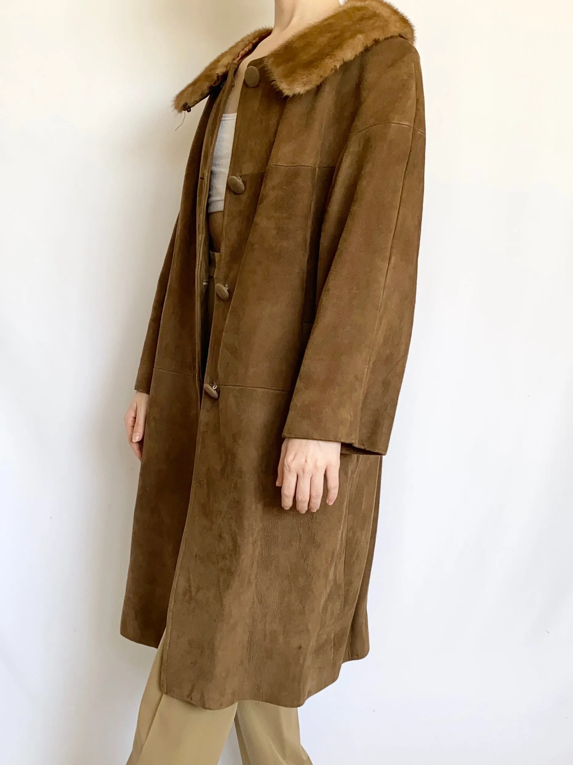 1960s Brown Mink Collar Trench Coat (M)