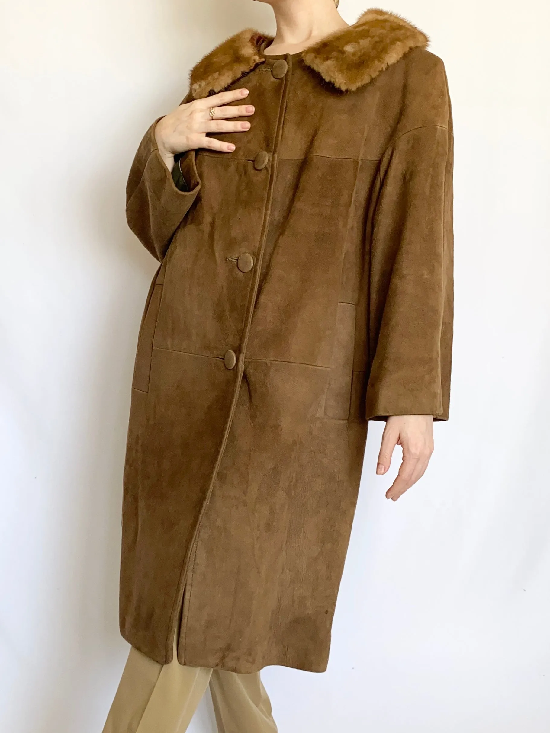 1960s Brown Mink Collar Trench Coat (M)