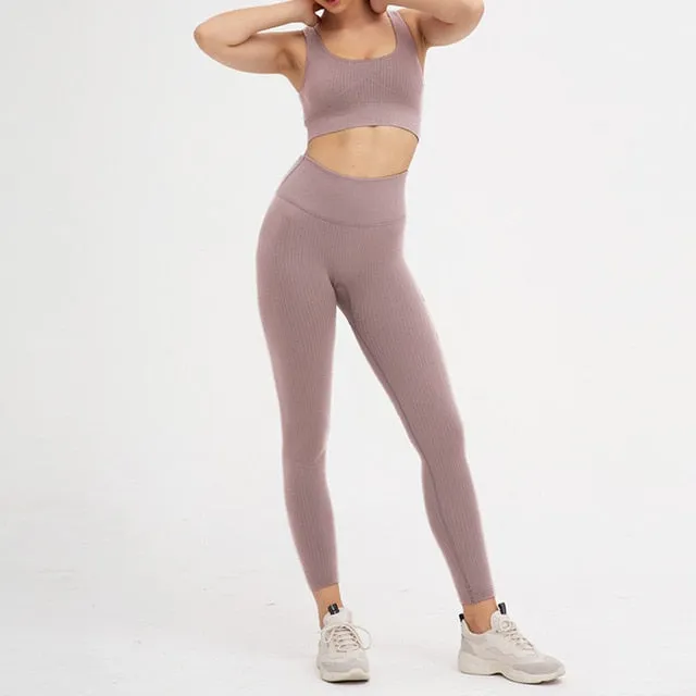 2 Piece Set Yoga Seamless Gym Yoga Women High Waist Sport Bra Top Fitness Clothing Sport Pants Leggings