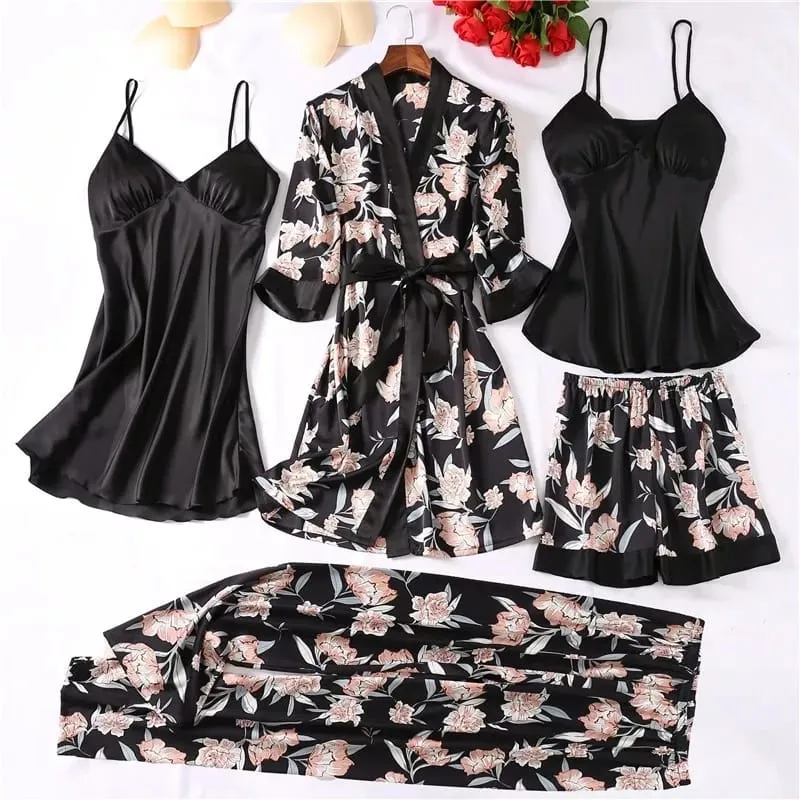 5 Pcs Satin Sleepwear Lady Nightgown Kimono Robe Suit NS5100