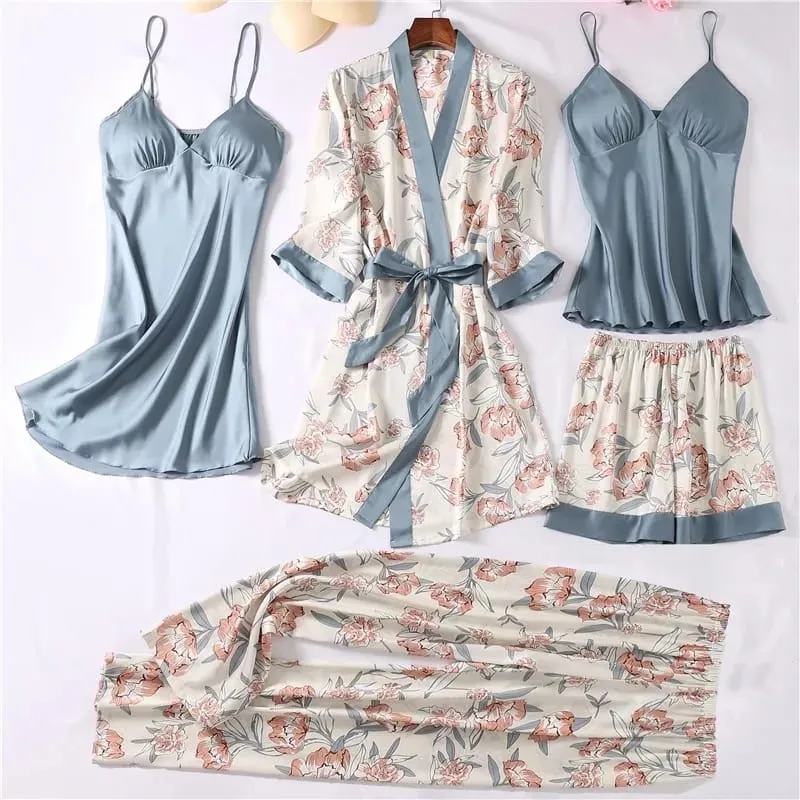 5 Pcs Satin Sleepwear Lady Nightgown Kimono Robe Suit NS5300