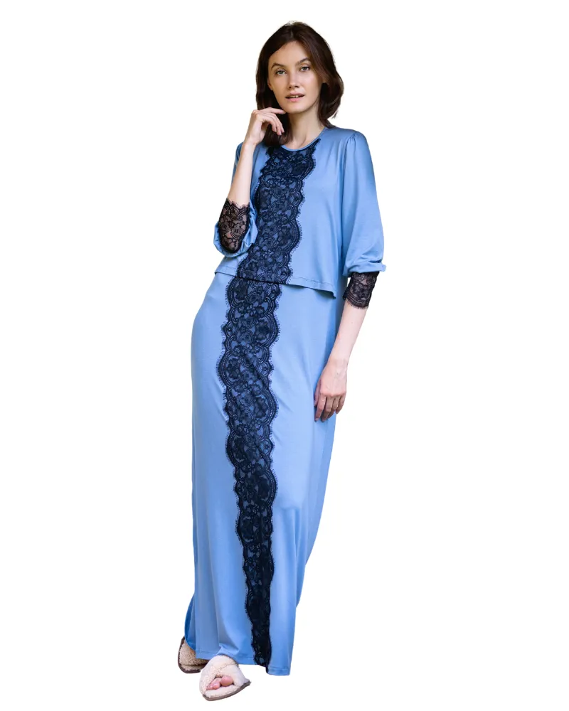 614 Black Lace Trim Steel Blue Cotton Nursing Nightgown