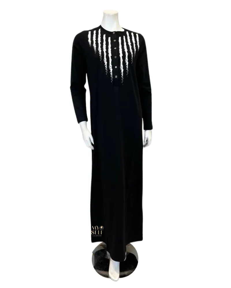 AG824BLK V Shape Brush Stroke Snap Front Black Cotton Nightgown