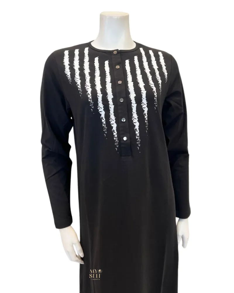 AG824BLK V Shape Brush Stroke Snap Front Black Cotton Nightgown