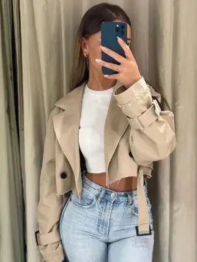 Back To School Joskaa Fashion Belt Cropped Trench Spring Jacket Women Vintage Streetwear Double Breasted Long Sleeve Top Female Coat Outfits