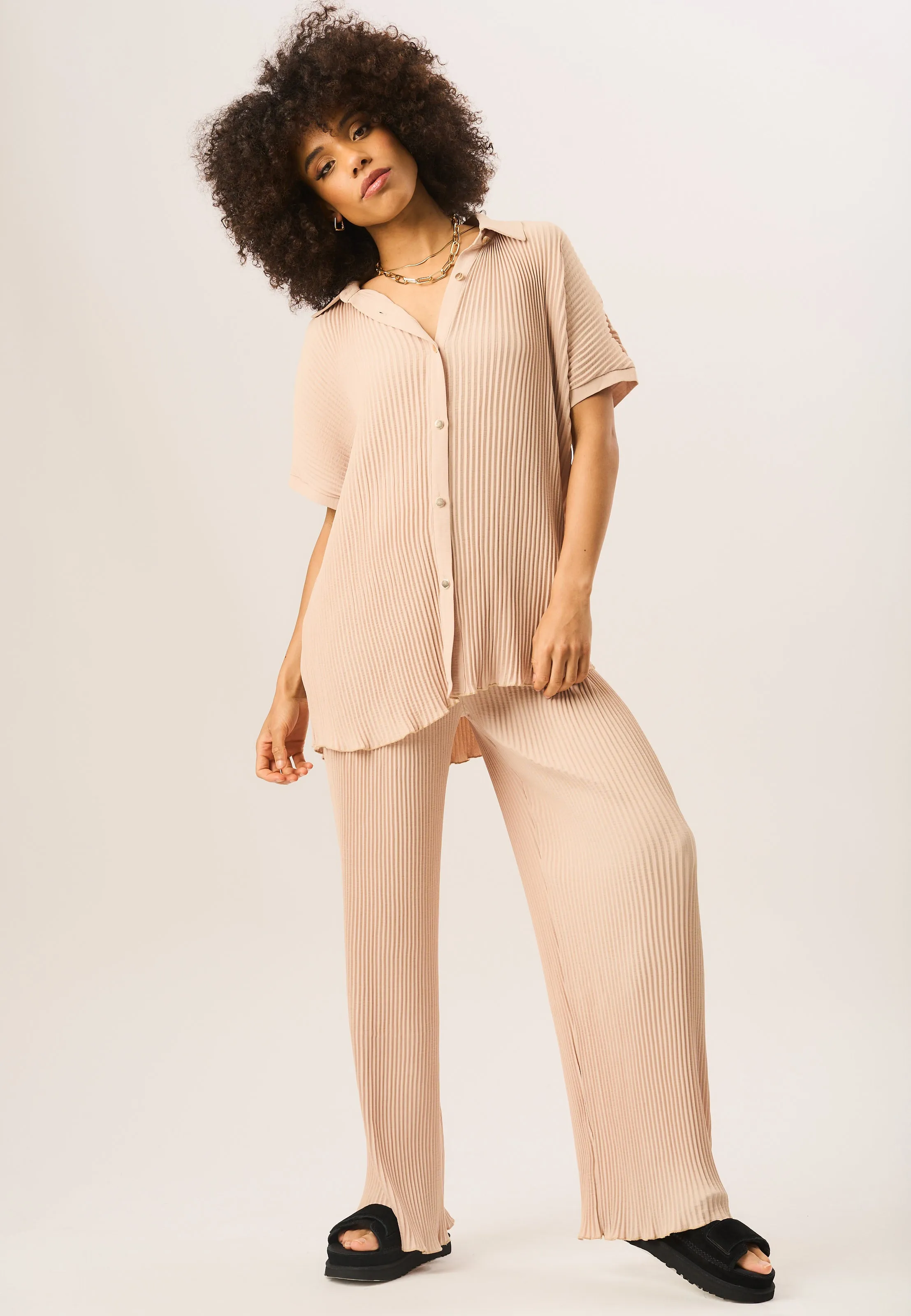 Beige Plisse Loungewear Wide Leg Trousers