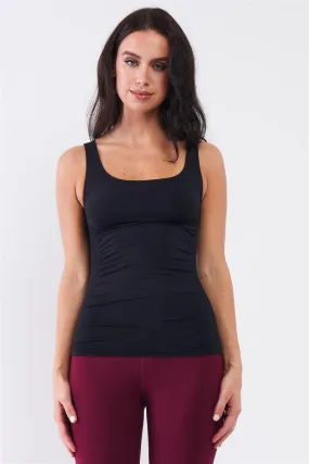 Black Sleeveless Round Neck Ruched Detail Ribbed Sides Top /4-1