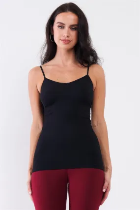 Black Solid Sleeveless V-Neck Ribbed Tight Cami Top /3-3