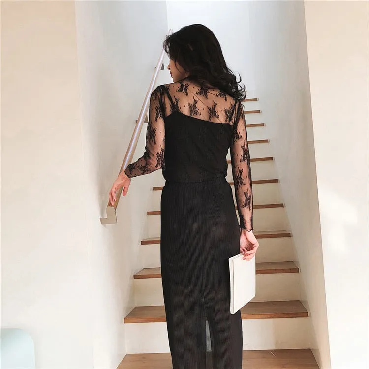 Black White Off Shoulder Lace Nightgown Women Sexy Spaghetti Strap Patchwork Lingerie Dress Sleepwear Sleepshirts Size S-Xl