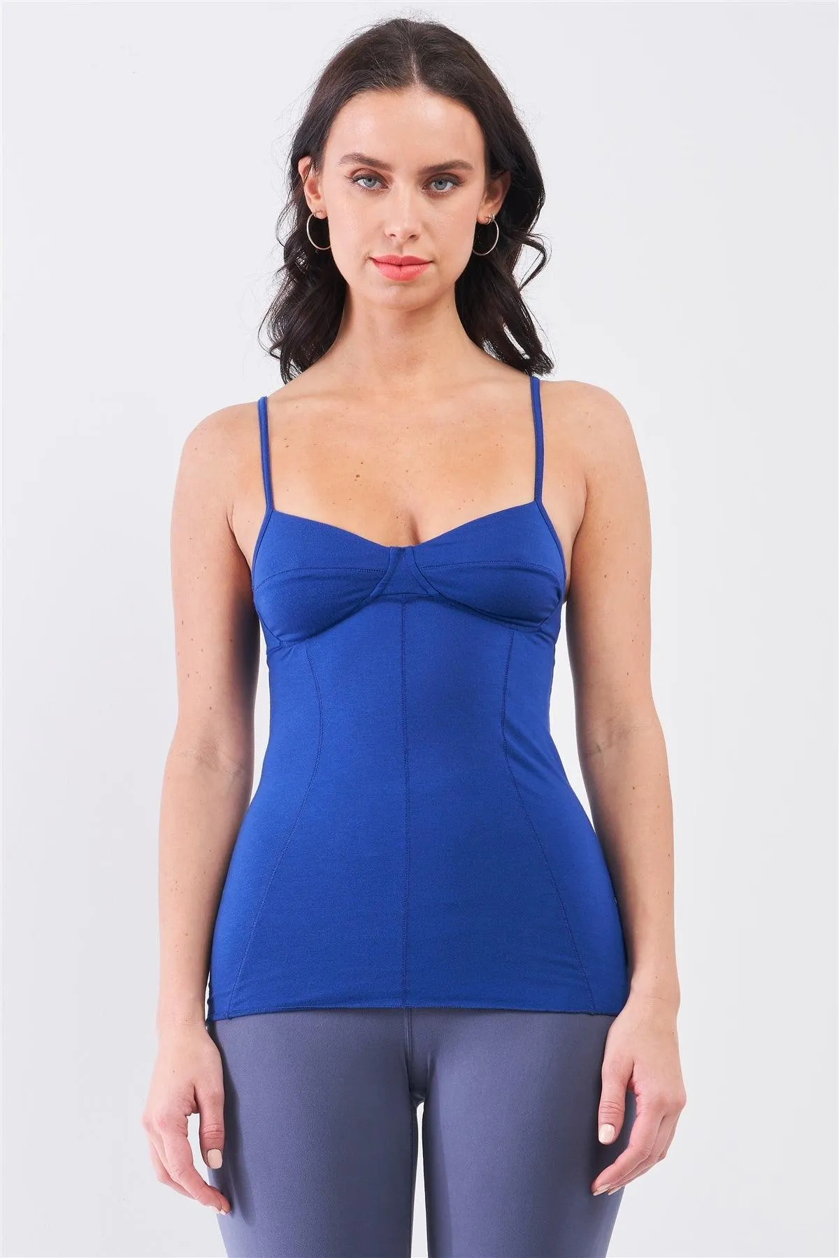 Blue Pop Sleeveless V-Neck Stitching Detail Basic Cami Top /1-2-2-2-2