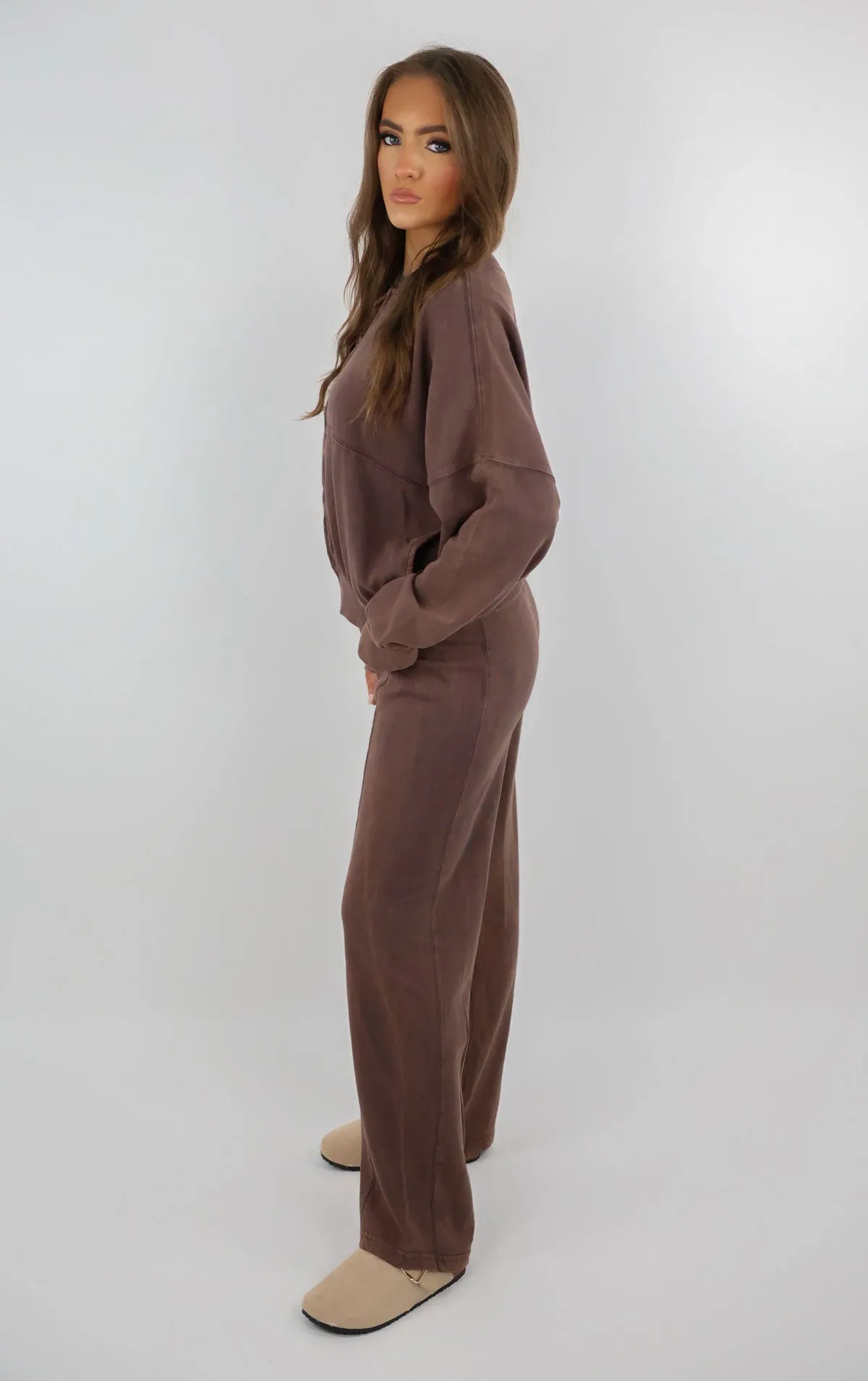 Brown Acid Washed Effect Zip Bomber & Joggers Loungewear Co-ord Set