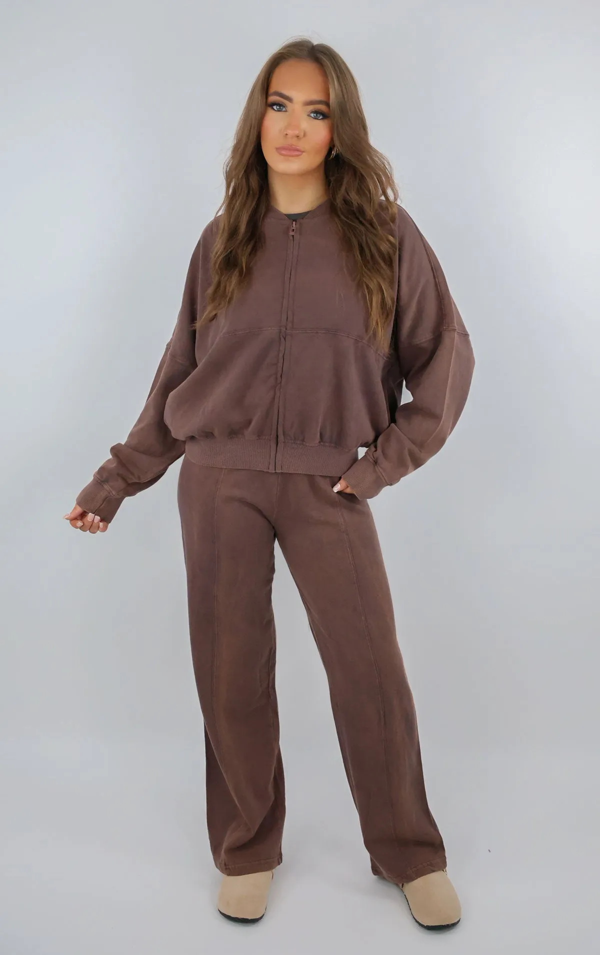 Brown Acid Washed Effect Zip Bomber & Joggers Loungewear Co-ord Set