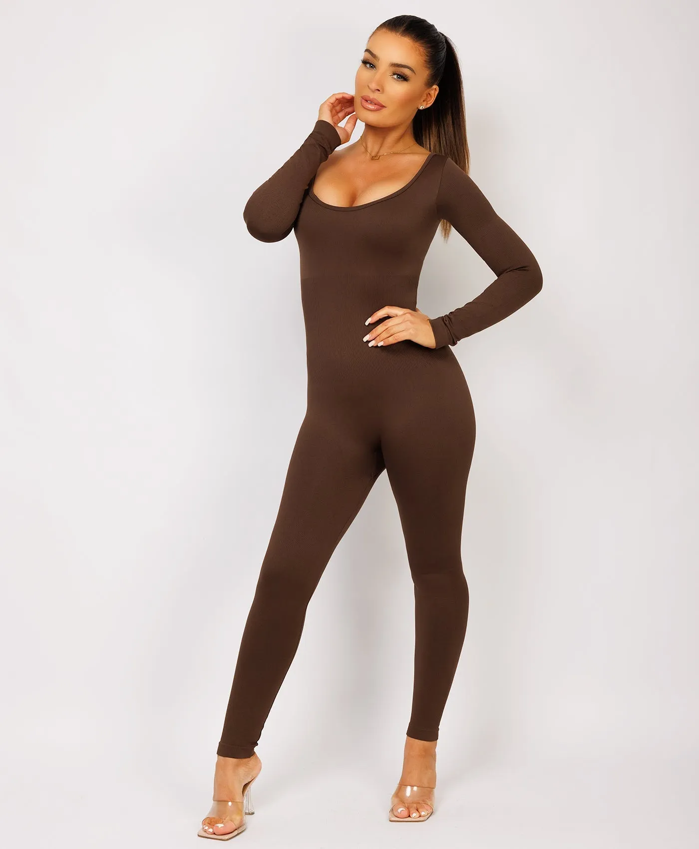 Chocolate Brown Elastic Ribbed Waist Round Neck Jumpsuit