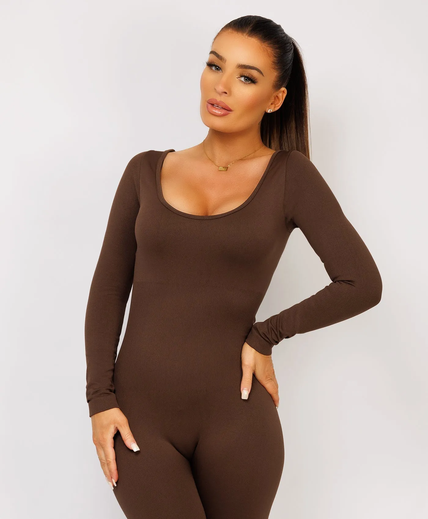 Chocolate Brown Elastic Ribbed Waist Round Neck Jumpsuit