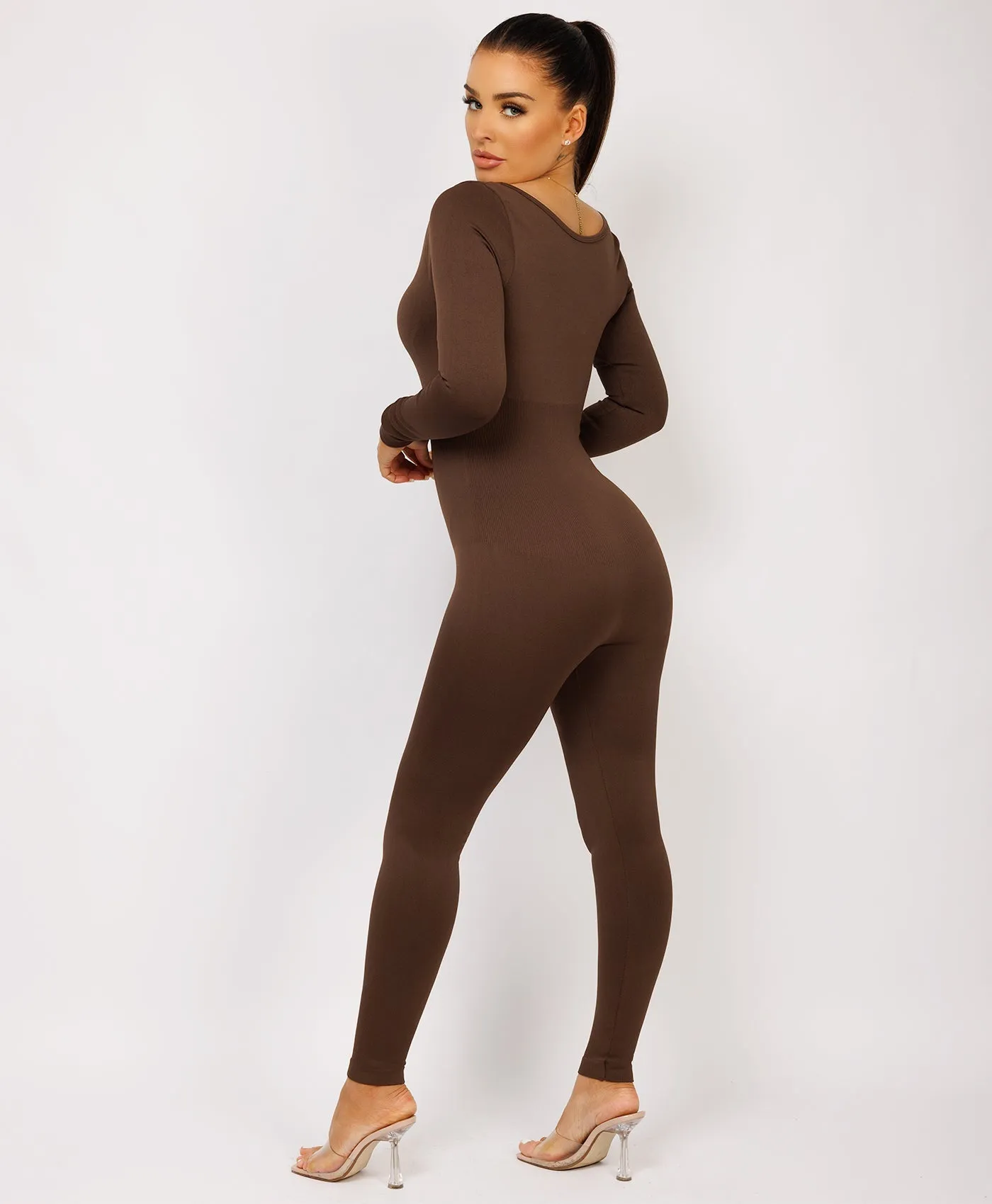 Chocolate Brown Elastic Ribbed Waist Round Neck Jumpsuit