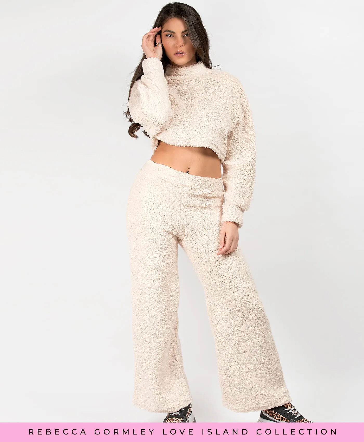 Cream Teddy Fur Top & Wide Leg Trouser Loungewear Co Ord Set