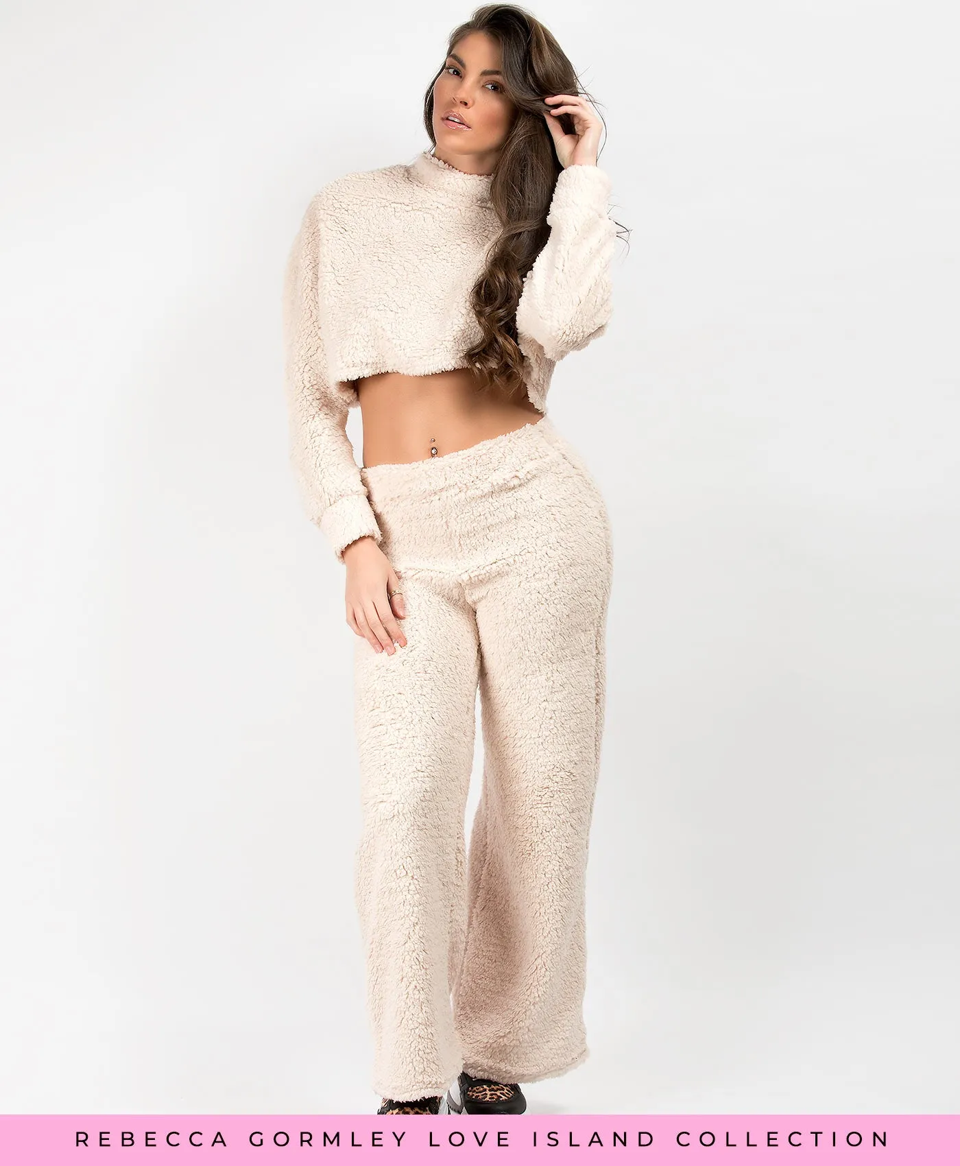 Cream Teddy Fur Top & Wide Leg Trouser Loungewear Co Ord Set