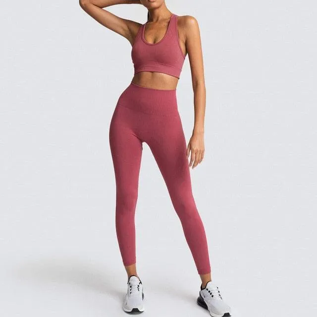 Cut Girls Seamless Women Gym Set - Sportswear 2 Piece Exercise Leggings Padded   Sports Bras - Women Sports Suits (D24)(BAP)(TBL)