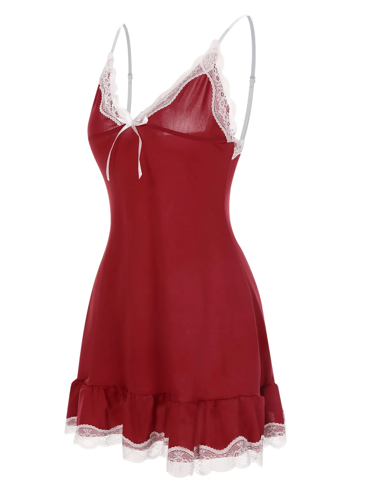 Deep Red 1970s Spaghetti Straps Lace Nightgown