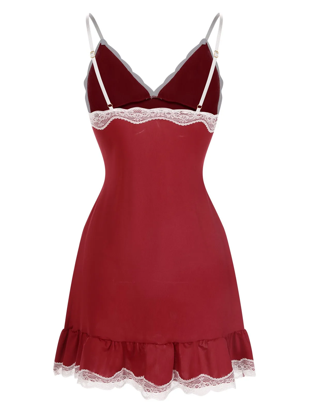 Deep Red 1970s Spaghetti Straps Lace Nightgown