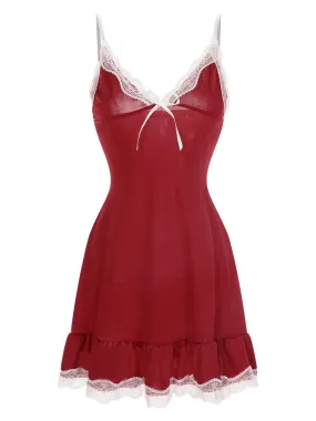 Deep Red 1970s Spaghetti Straps Lace Nightgown