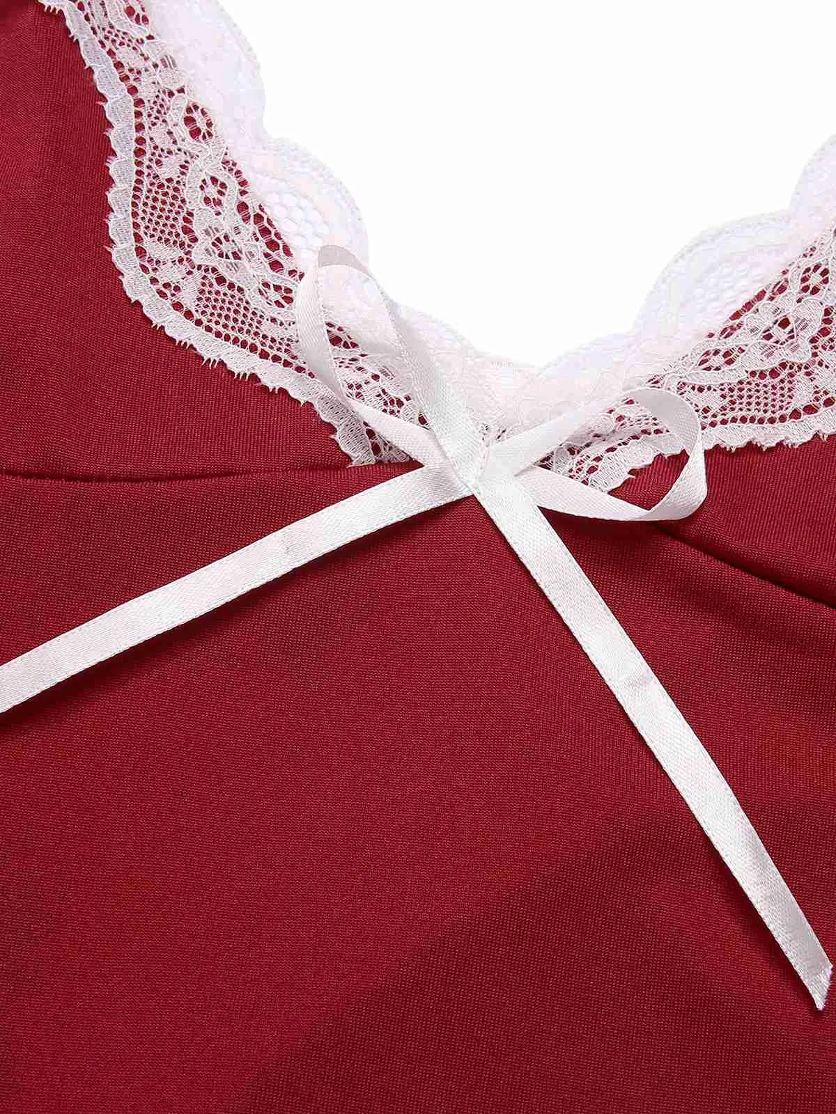 Deep Red 1970s Spaghetti Straps Lace Nightgown