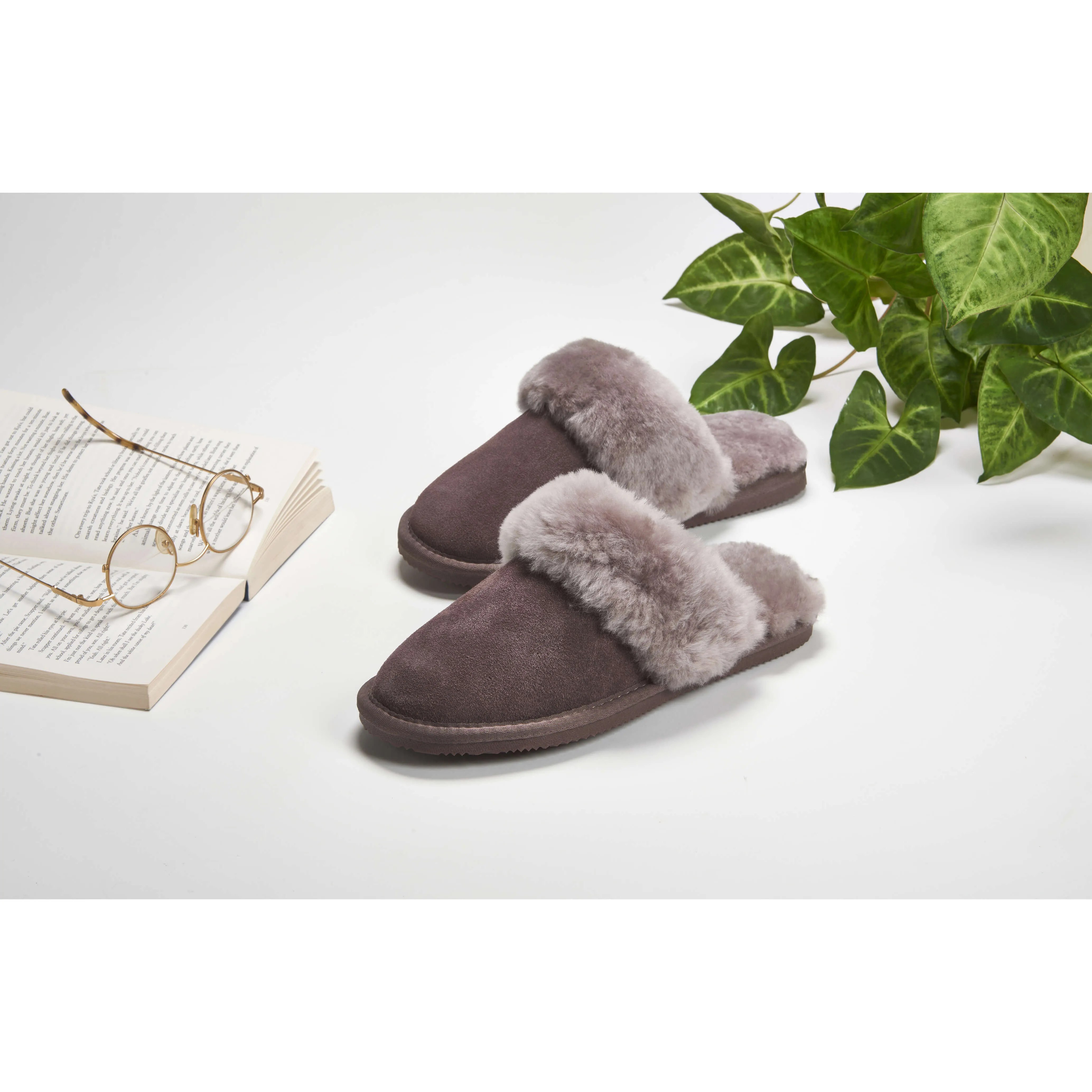 Dolly Truffle Grey Sheepskin Mule Slippers