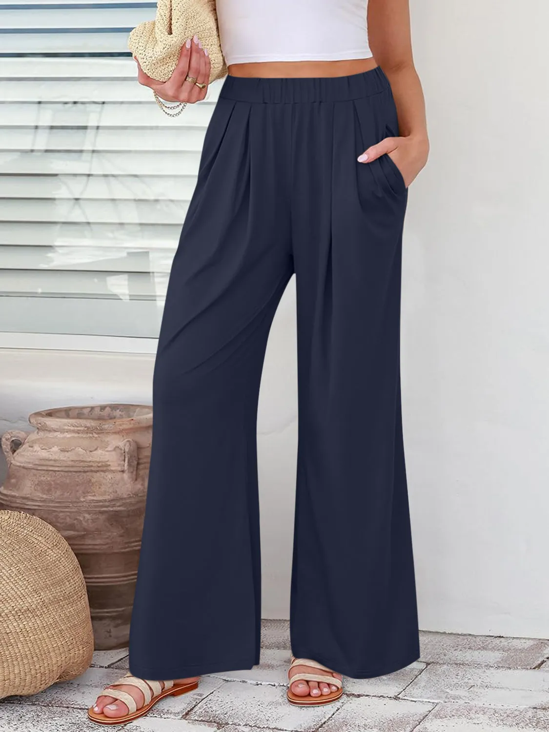 Elastic Waist Wide Leg Pants | Loungewear