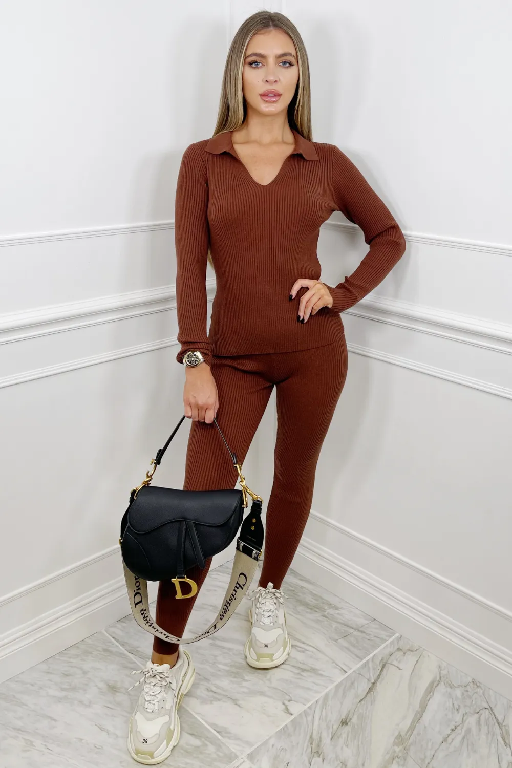 Elise CHOCOLATE Knitted ribbed v-neck lounge set