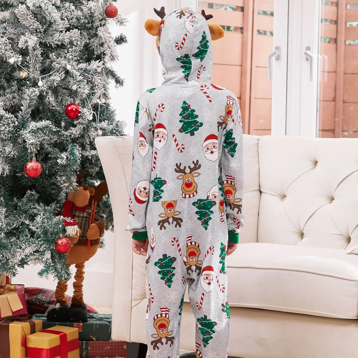 Family Matching Christmas Onesie Pajama Santa Christmas Tree Rudolph Hooded Sleepwear