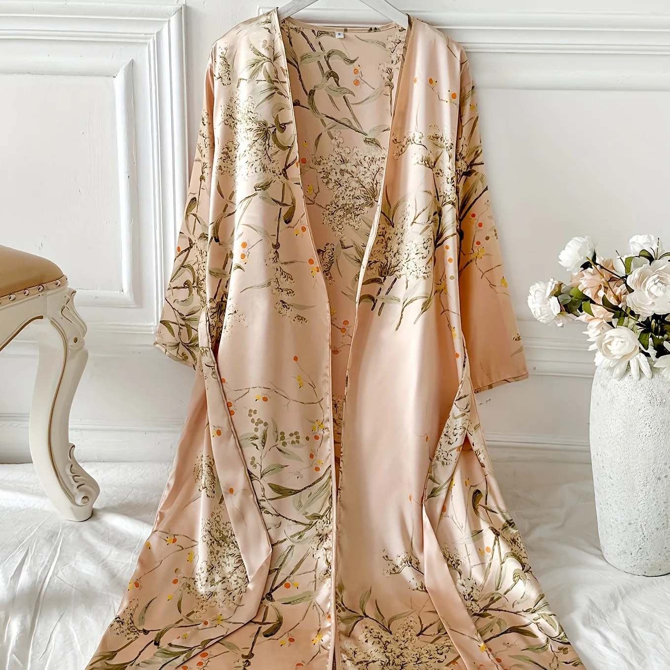 Flower print Silk Robe Sexy Deep V Neck Silk Robe for Women