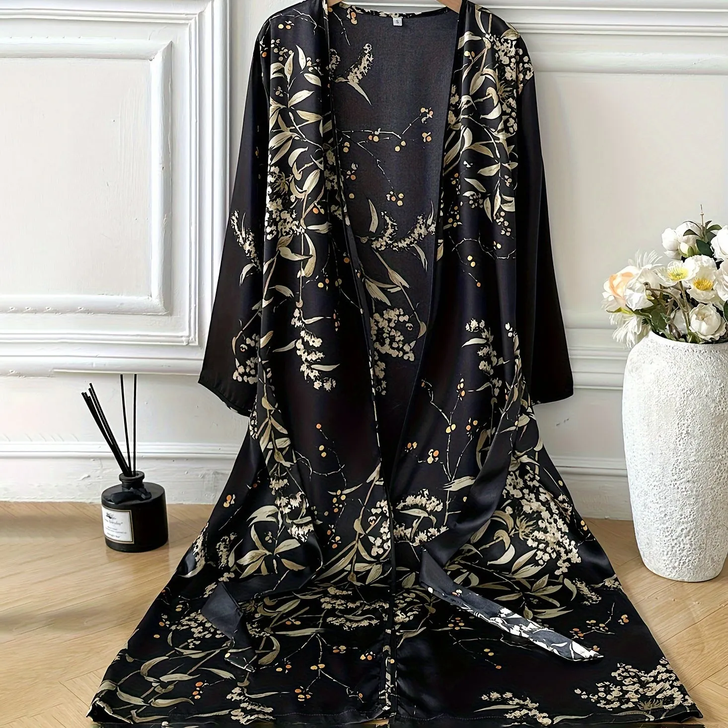 Flower print Silk Robe Sexy Deep V Neck Silk Robe for Women