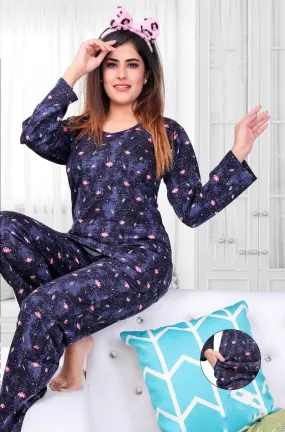 Full Sleeves Blue Printed Cotton Night Suit for Women