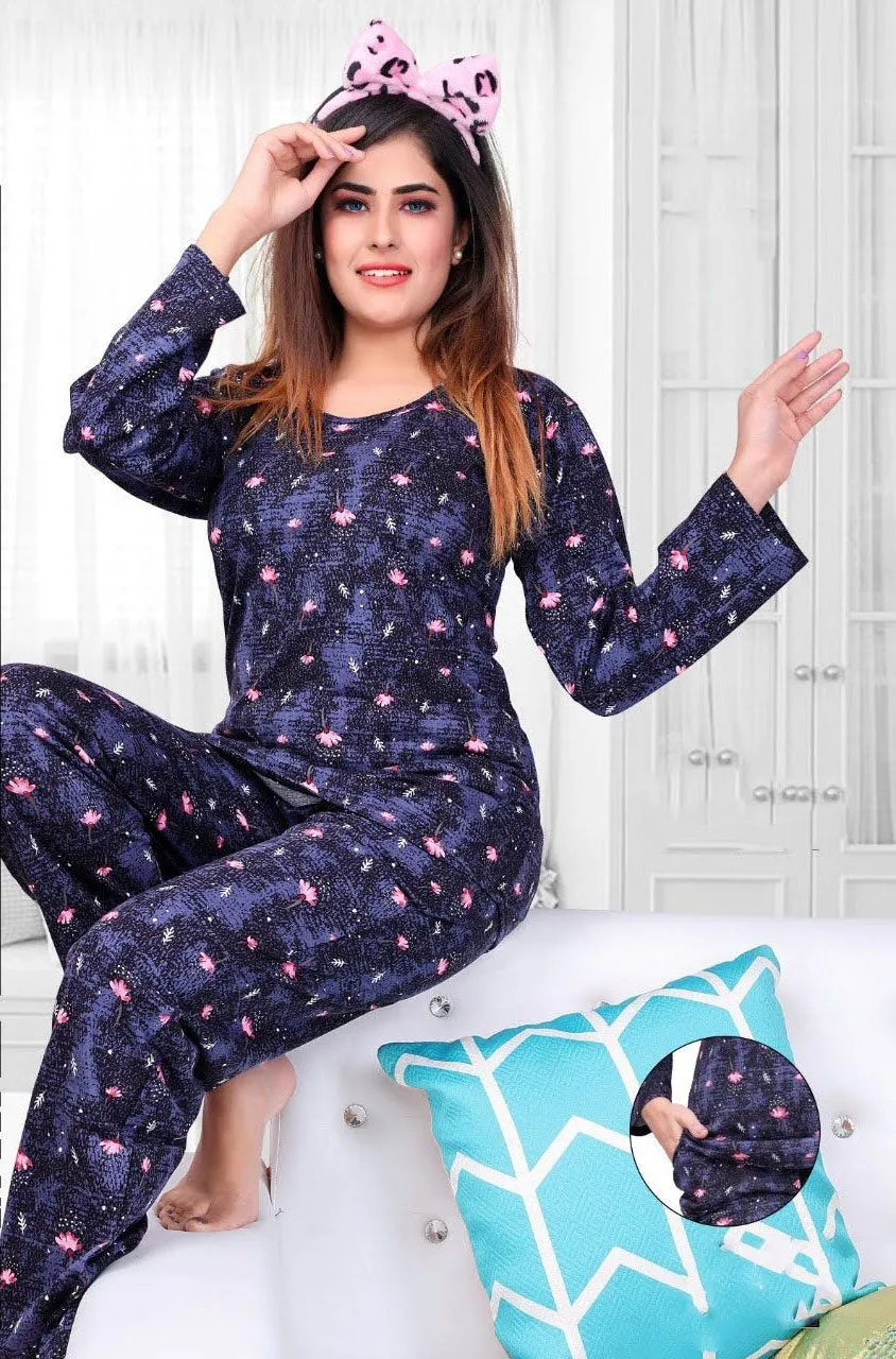 Full Sleeves Blue Printed Cotton Night Suit for Women