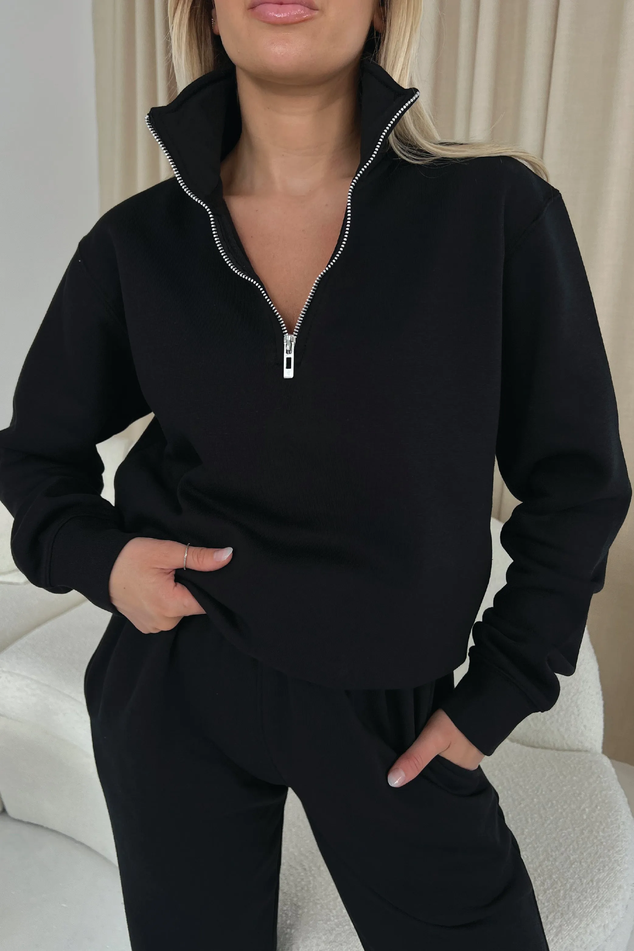 Glamify premium essential black black 3/4 zip sweatshirt