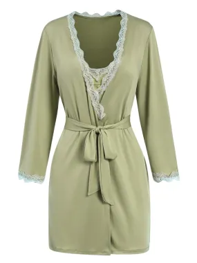 Green 1960s Lace Slit Nightgown & Robe