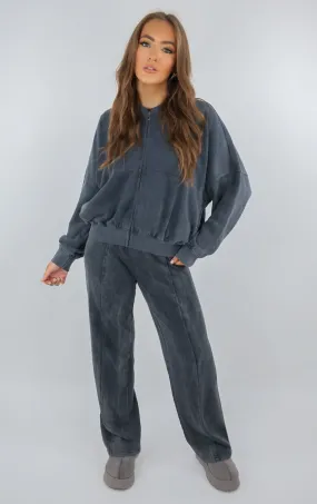 Grey Acid Washed Effect Zip Bomber & Joggers Loungewear Co-ord Set