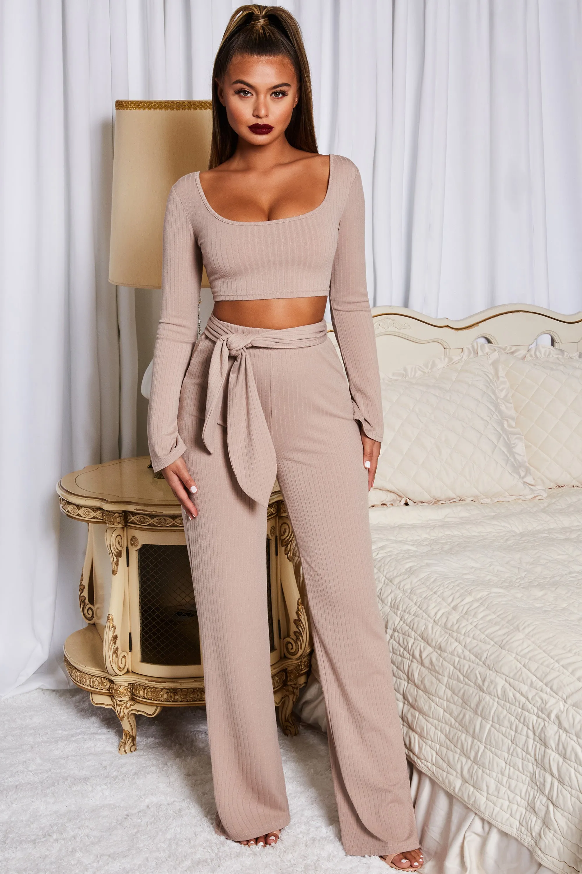 Hands Are Tied Wide Leg Ribbed Trousers in Stone