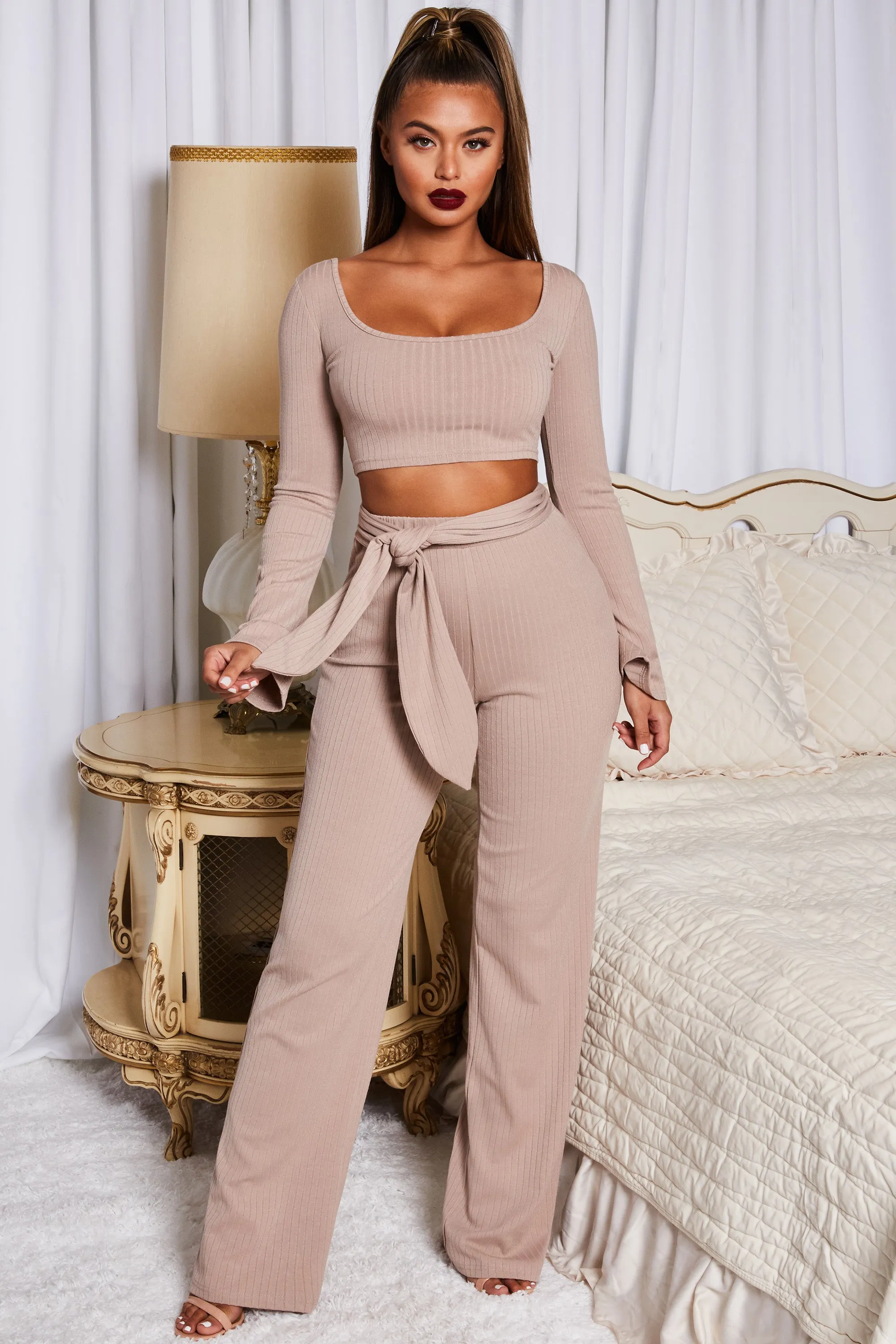 Hands Are Tied Wide Leg Ribbed Trousers in Stone