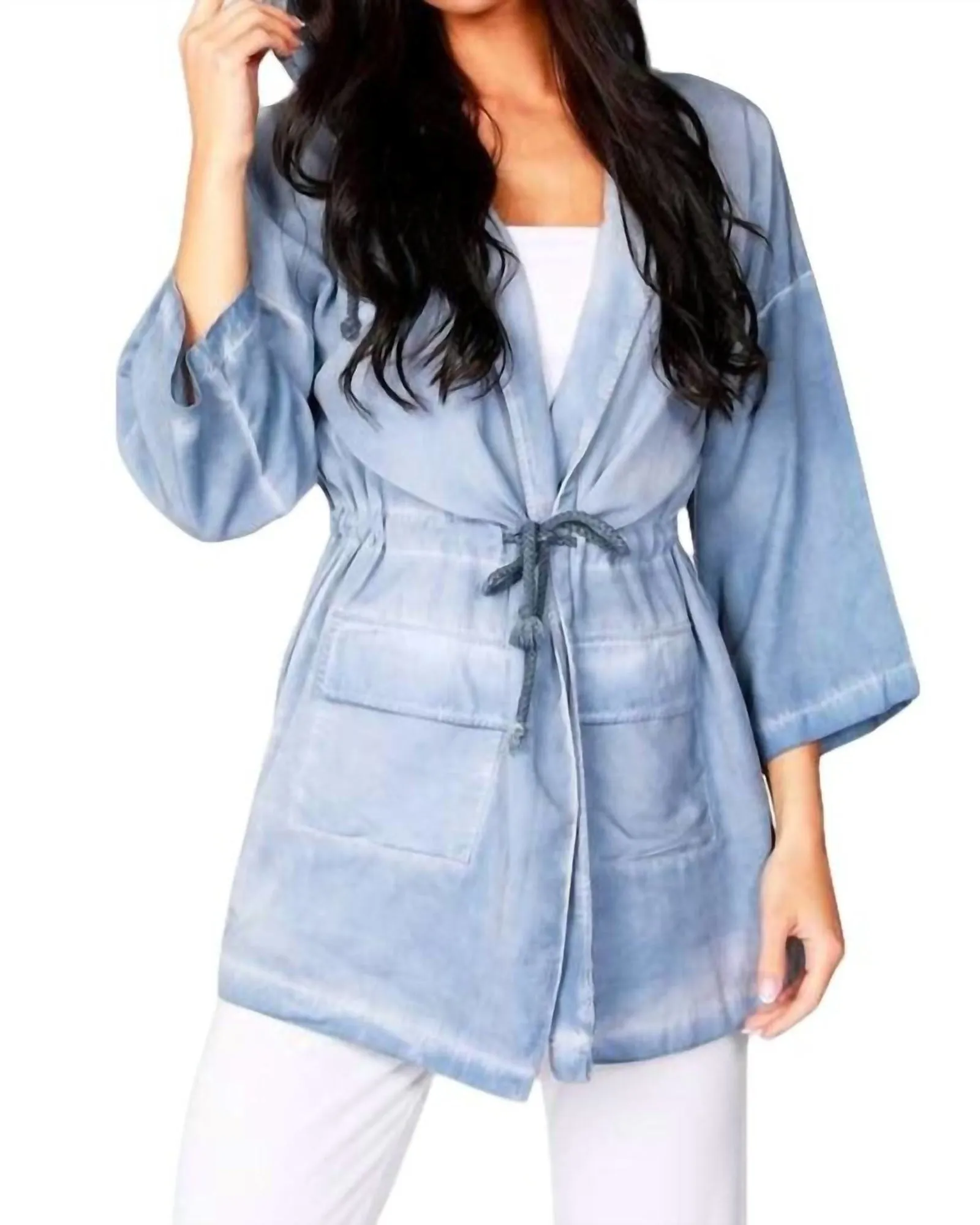 Jennifer Hooded Long Trench Coat in Denim | Denim