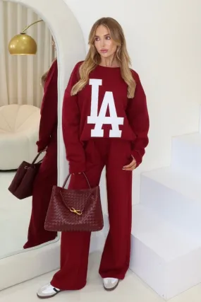 LA burgundy sweater and straight leg jogger loungewear