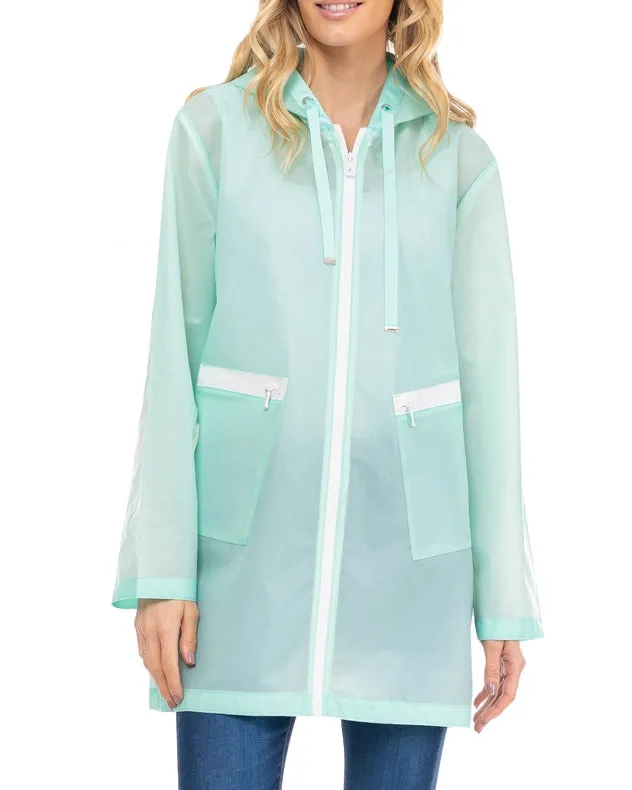 Long Waterproof Raincoat With Hood, Zip And Pockets Aqua