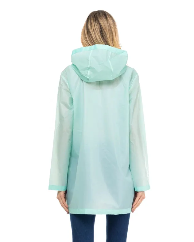 Long Waterproof Raincoat With Hood, Zip And Pockets Aqua