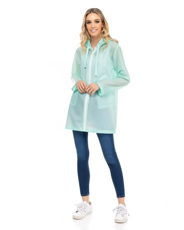 Long Waterproof Raincoat With Hood, Zip And Pockets Aqua