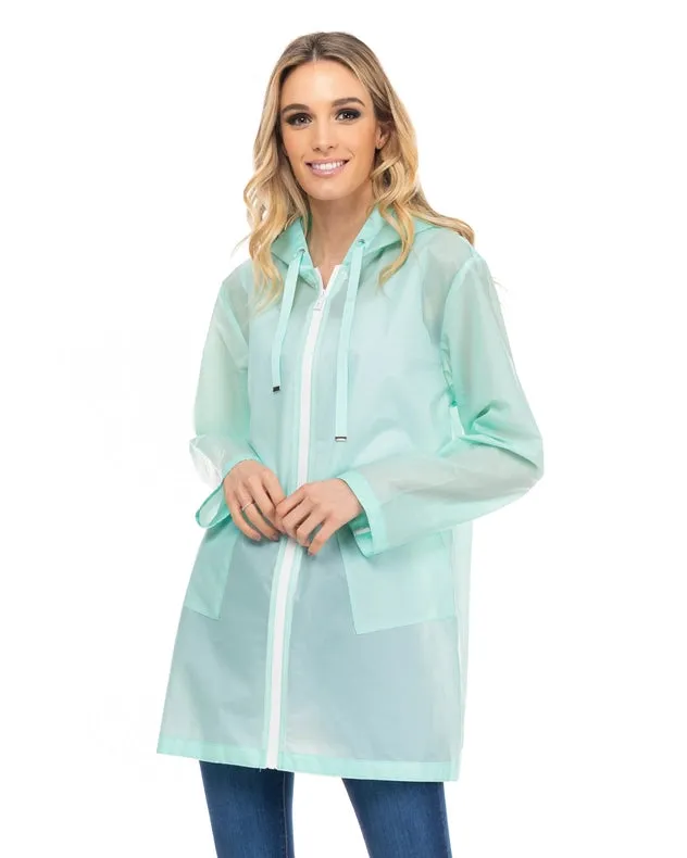 Long Waterproof Raincoat With Hood, Zip And Pockets Aqua