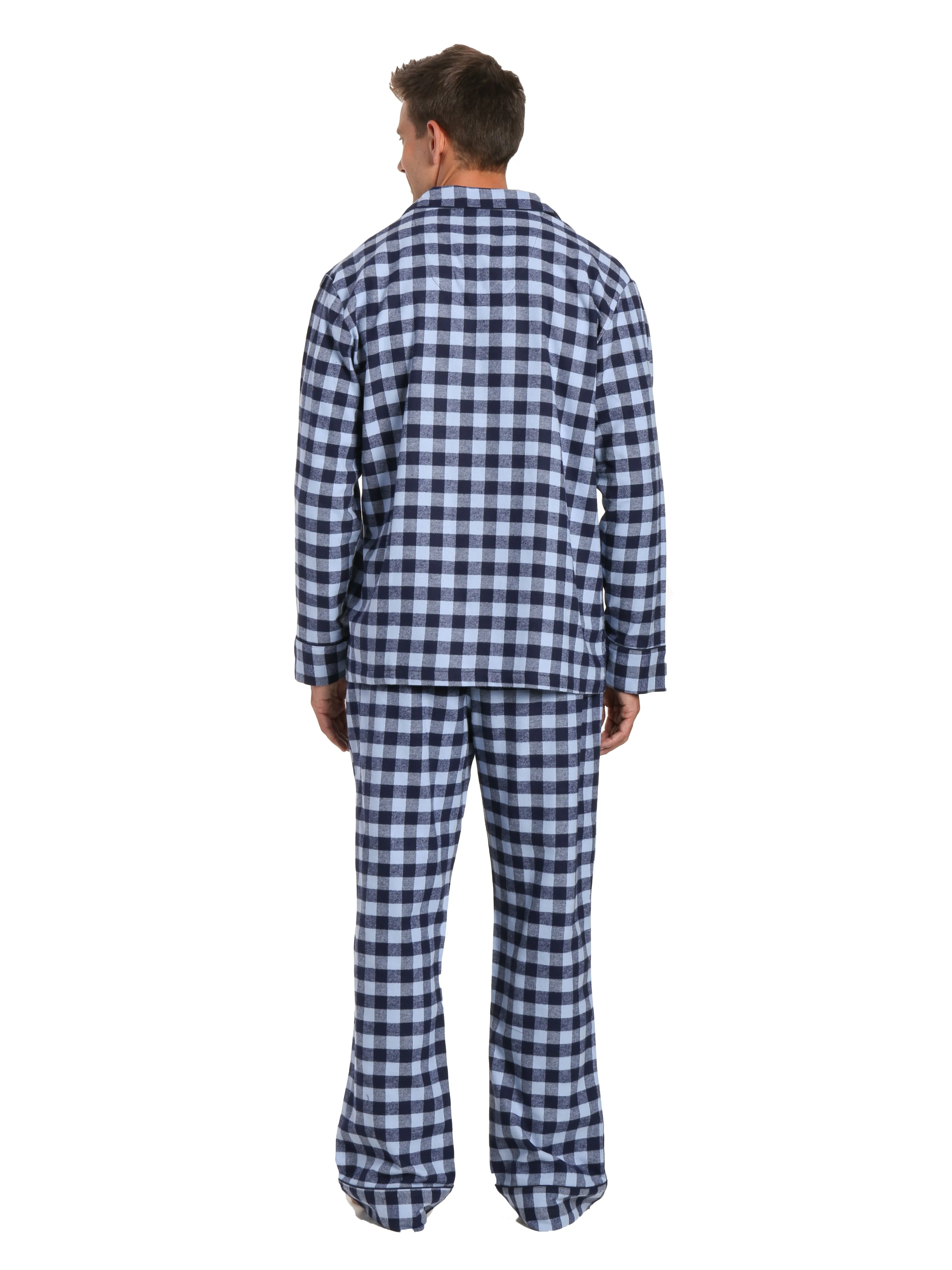 Men's Premium 100% Cotton Flannel Pajama Sleepwear Set - Gingham Checks Navy Blue