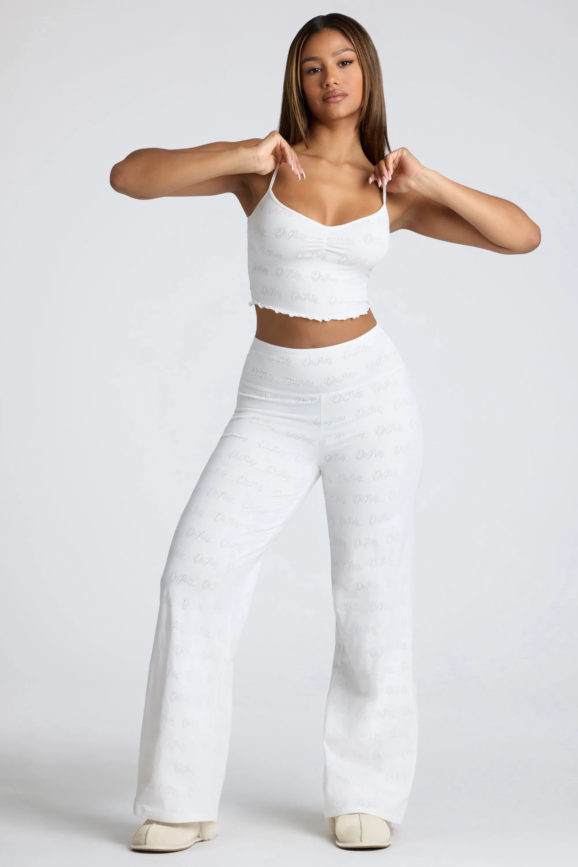 Mid Rise Straight Leg Pointelle Trousers in White